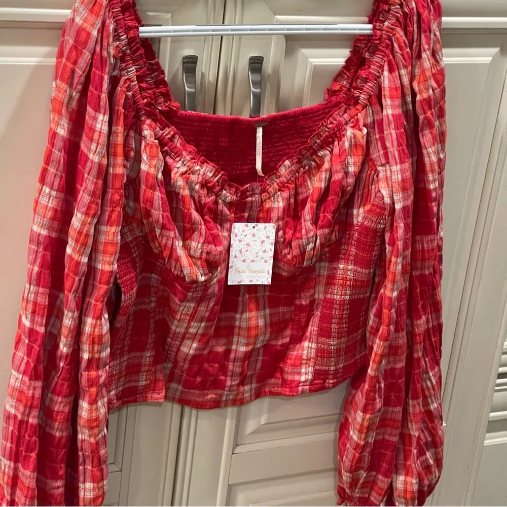 FREE PEOPLE Orange Plaid Top Womens Stretch  Large BOHO Western NEW - Picture 3 of 7